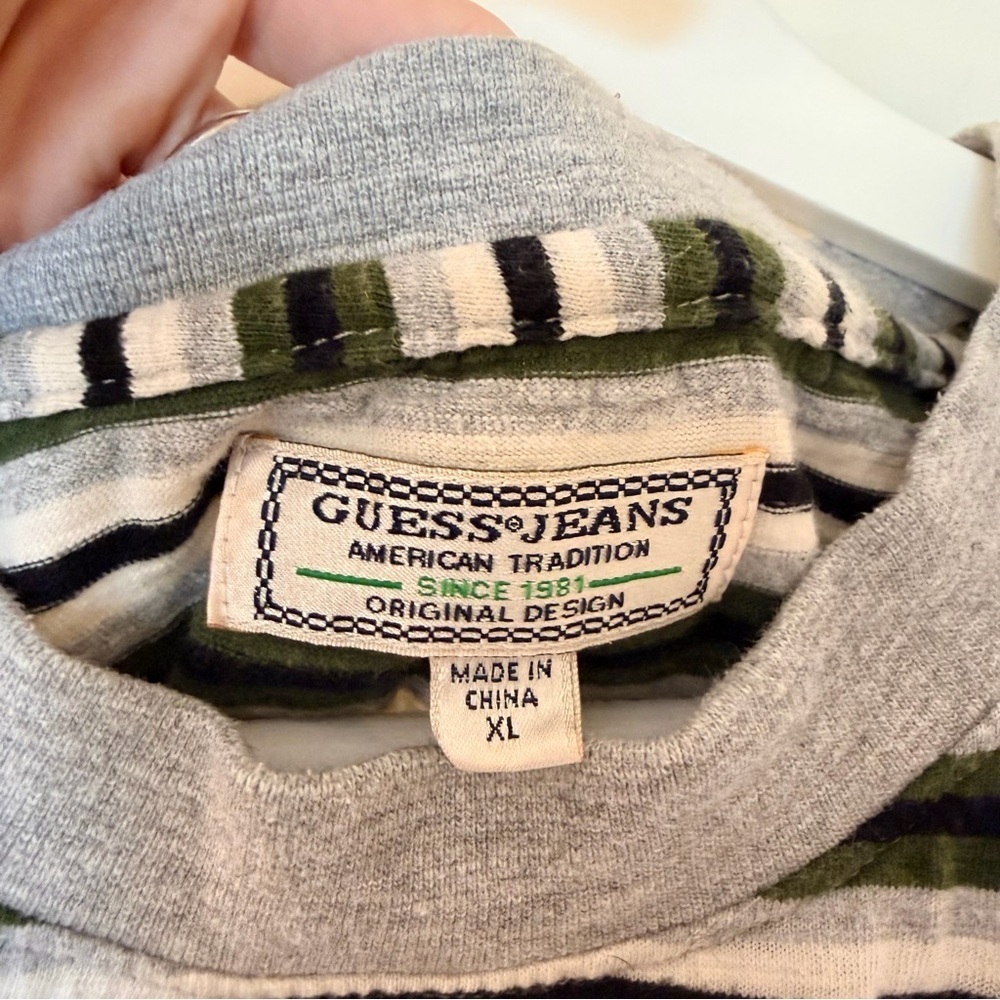 Vintage Guess Men's Multi-Stripe Tee - Black, White, Green - Picture 3 of 4